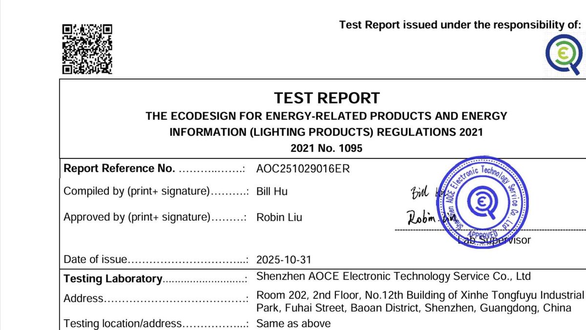 Laboratory test report confirming LED lighting product compliance