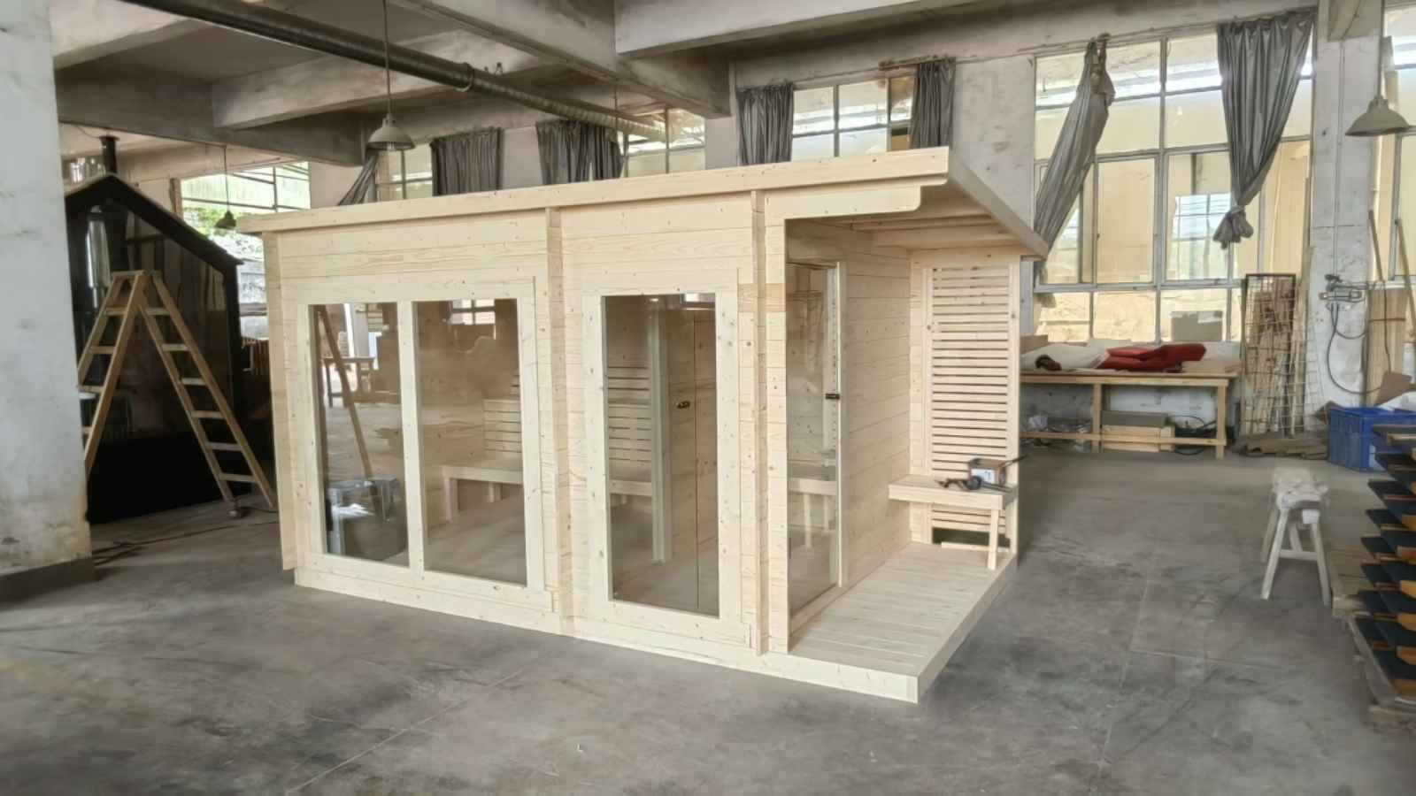 Outdoor wooden sauna structure inspected during factory audit in China