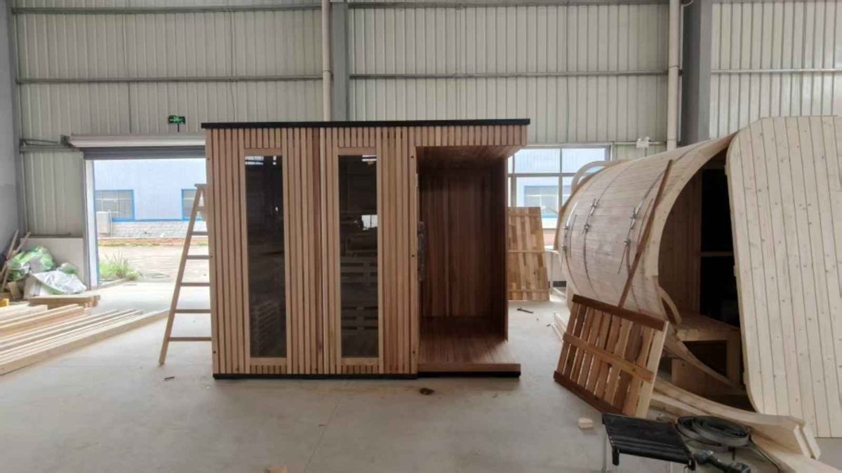 Wooden sauna units assembled on the factory production floor during on-site supplier verification in China