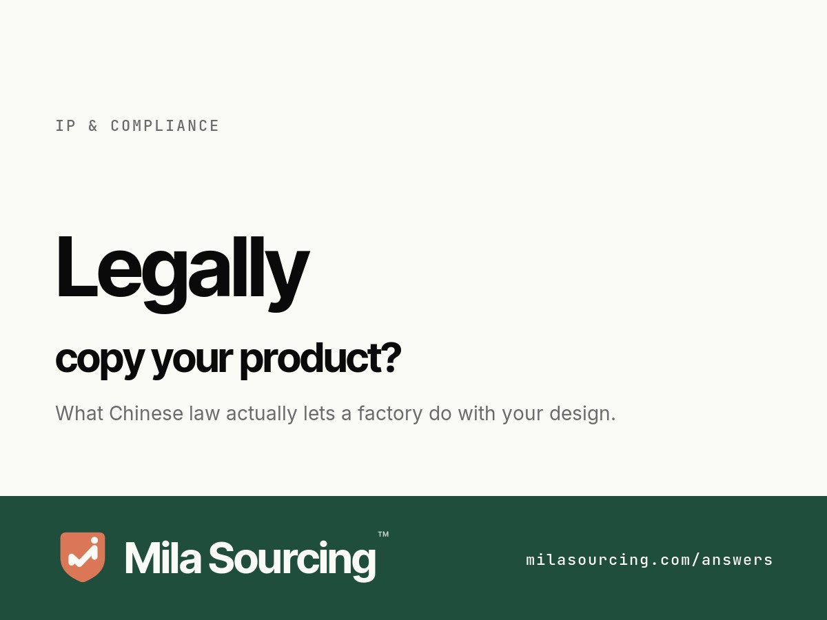 Whether a Chinese factory can legally copy your product depends on the rights you registered in China first: a Chinese trademark, a design or invention patent, and an enforceable NNN agreement signed before you share a design