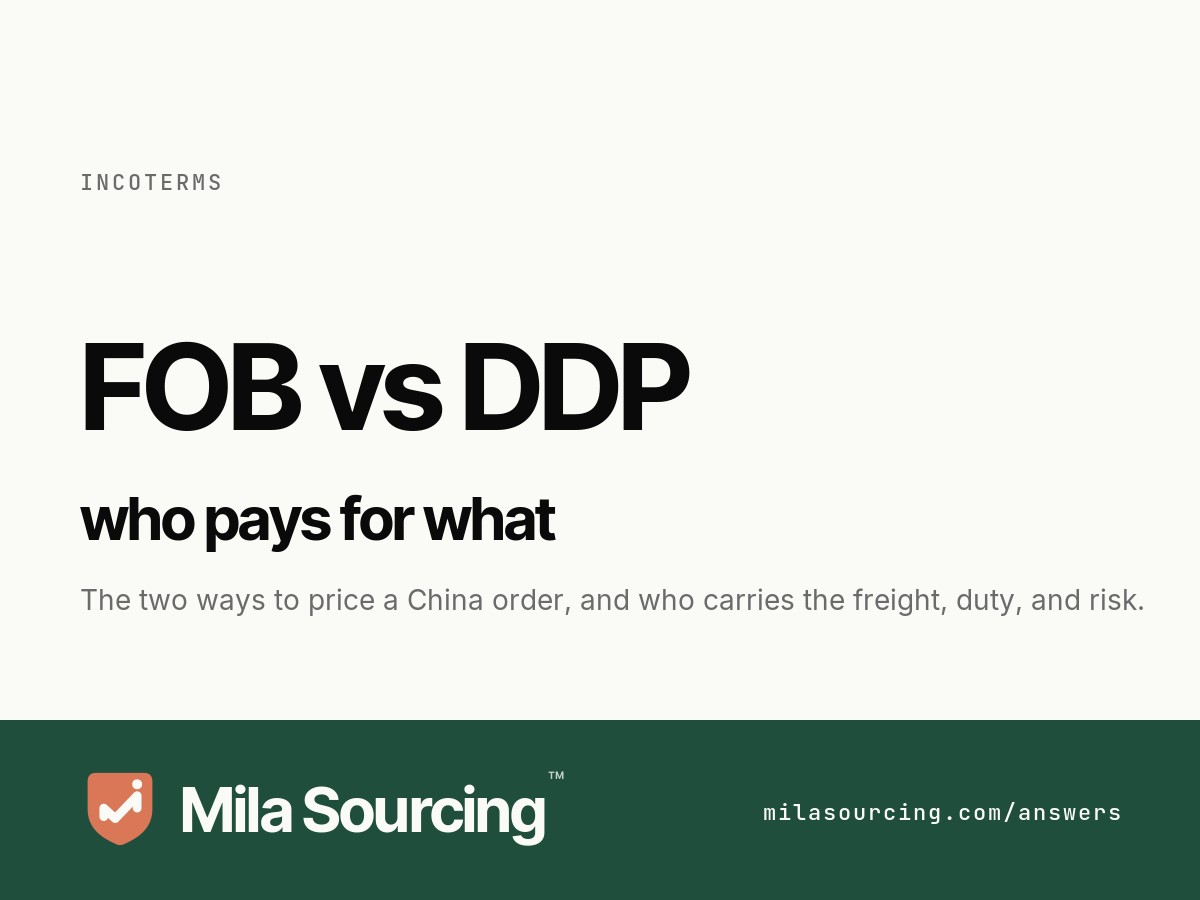 FOB vs DDP when buying from China: FOB ends when goods are loaded onto the ship and you control freight and duty; DDP is one all-in price to your door