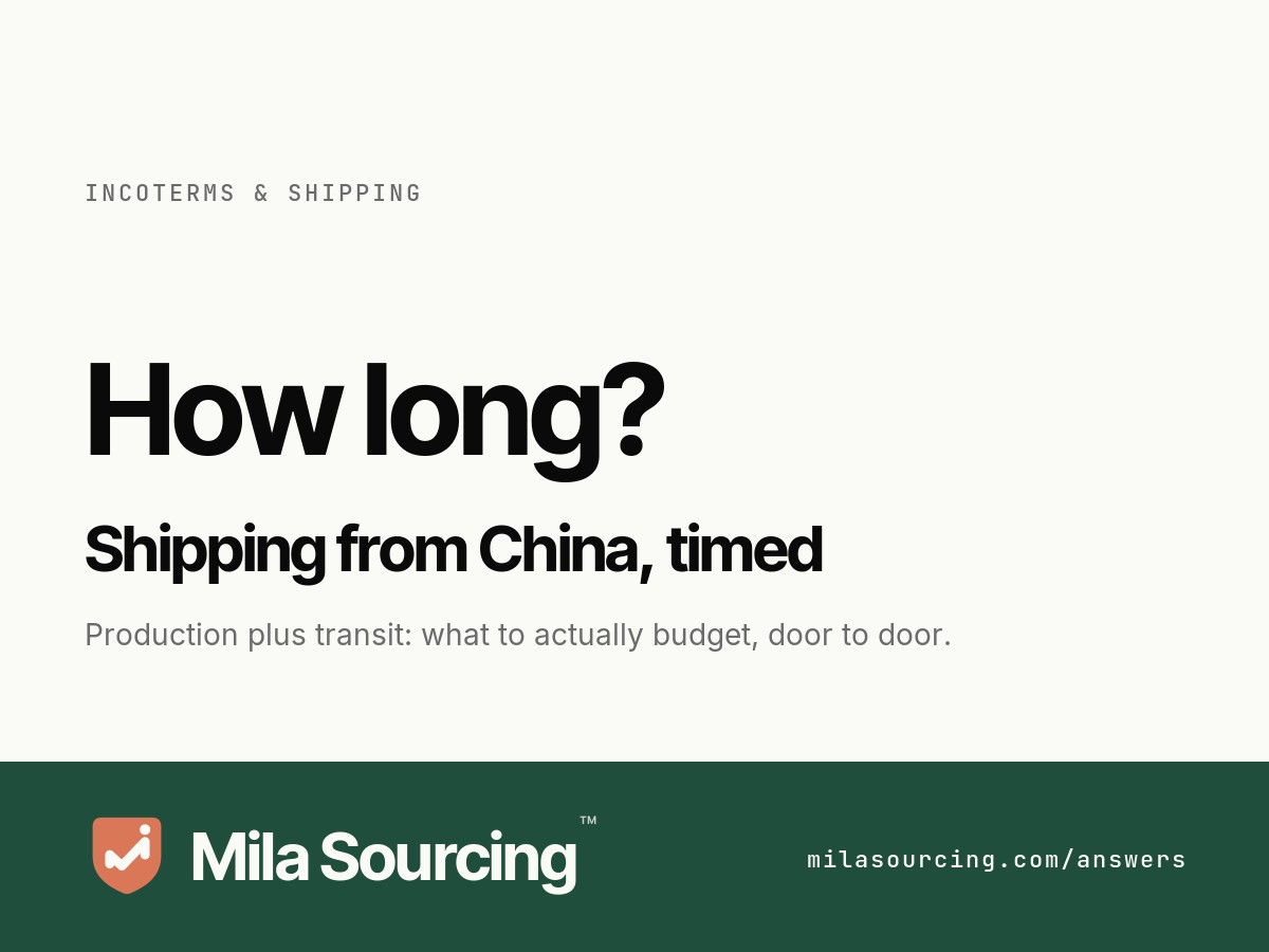 How long shipping from China takes: production lead time of 15 to 45 days plus transit, with sea freight about 30 to 45 days door to door, air 8 to 15 days, express 3 to 7 days