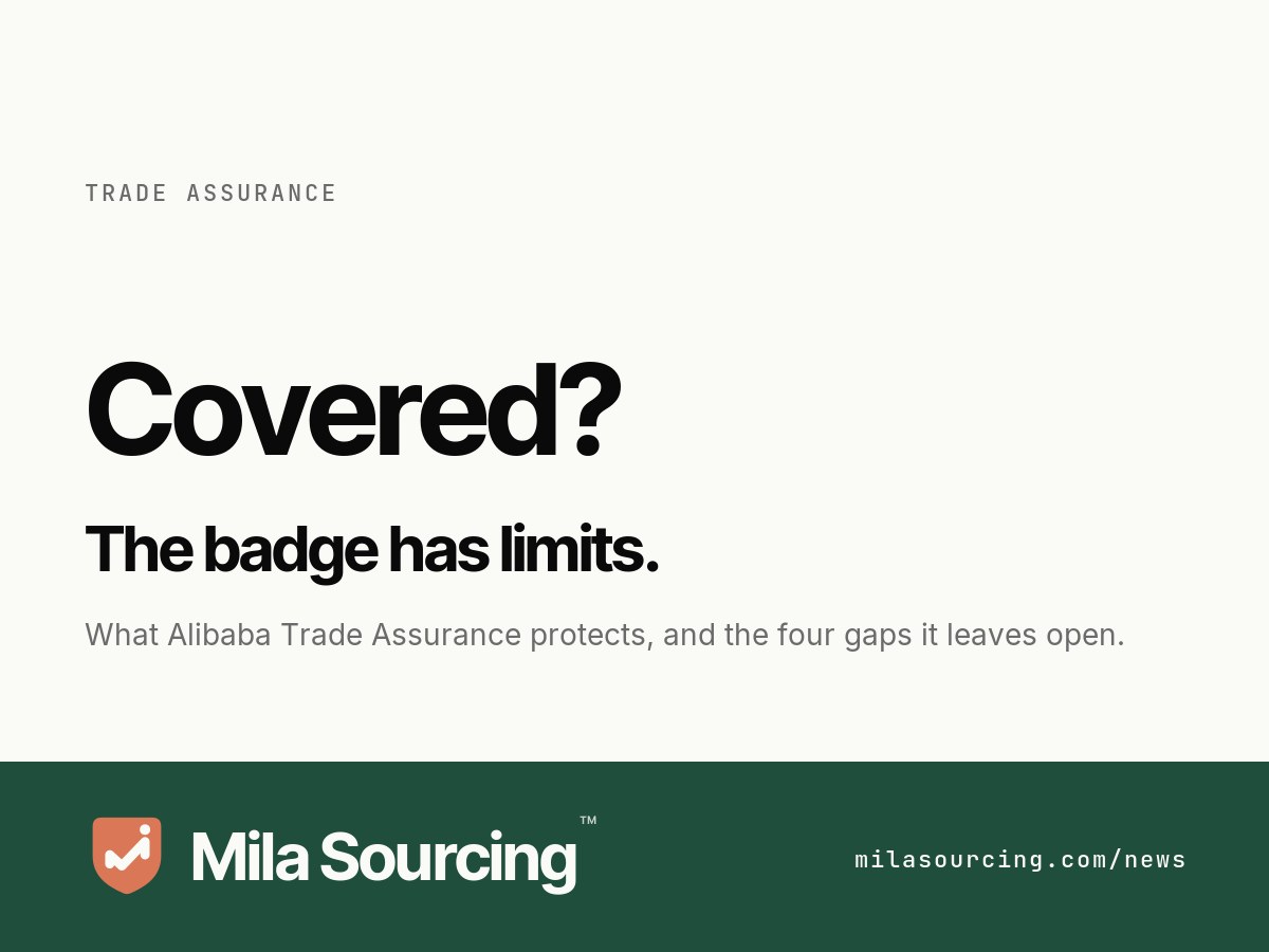 Alibaba Trade Assurance explained: the protection covers on-time shipment and goods matching the written order spec, but escrow releases at shipment not delivery, cover is capped at the supplier's profile amount, and any payment made off Alibaba.com is unprotected