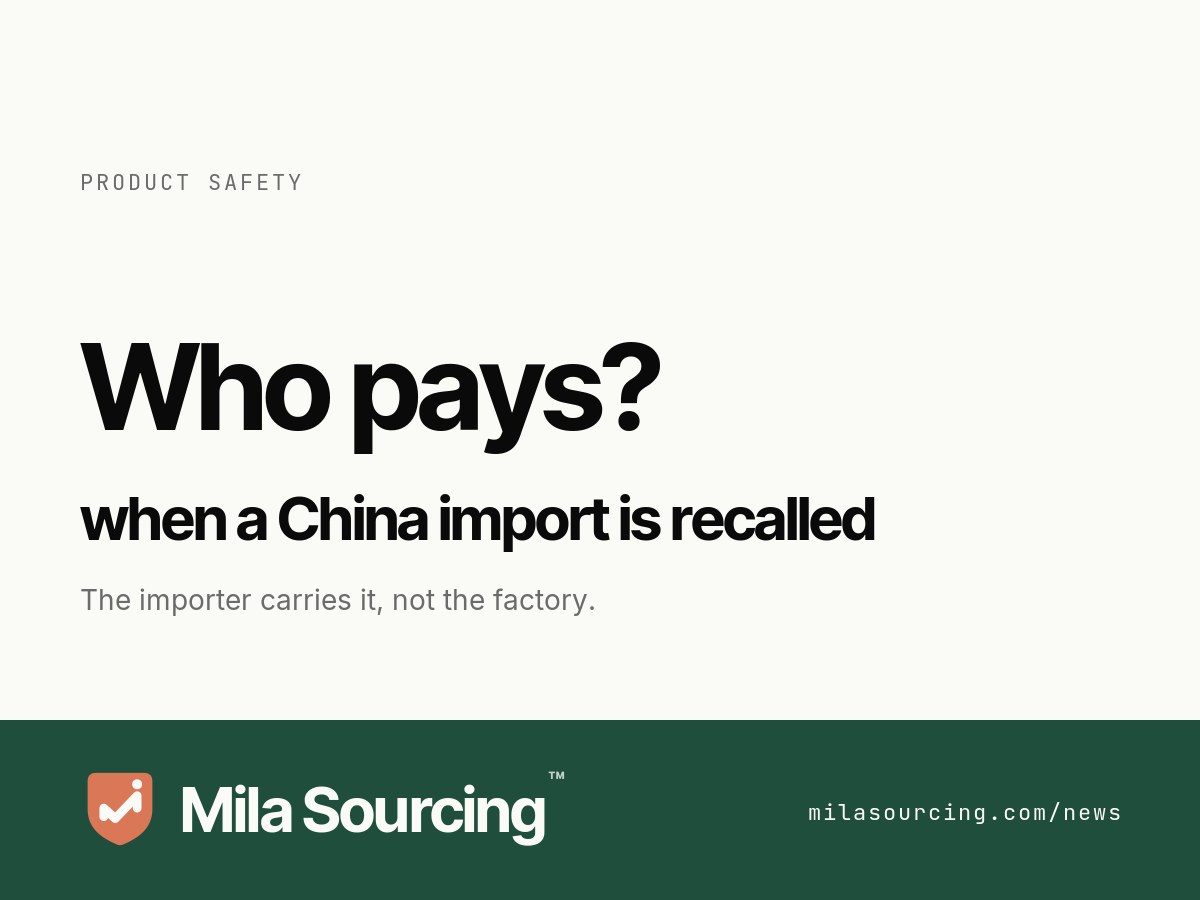 A China-made product recall lands on the importer of record, not the factory: a 28 May 2026 CPSC recall pulled about 10,400 China-made power sofas over a fire-prone switch