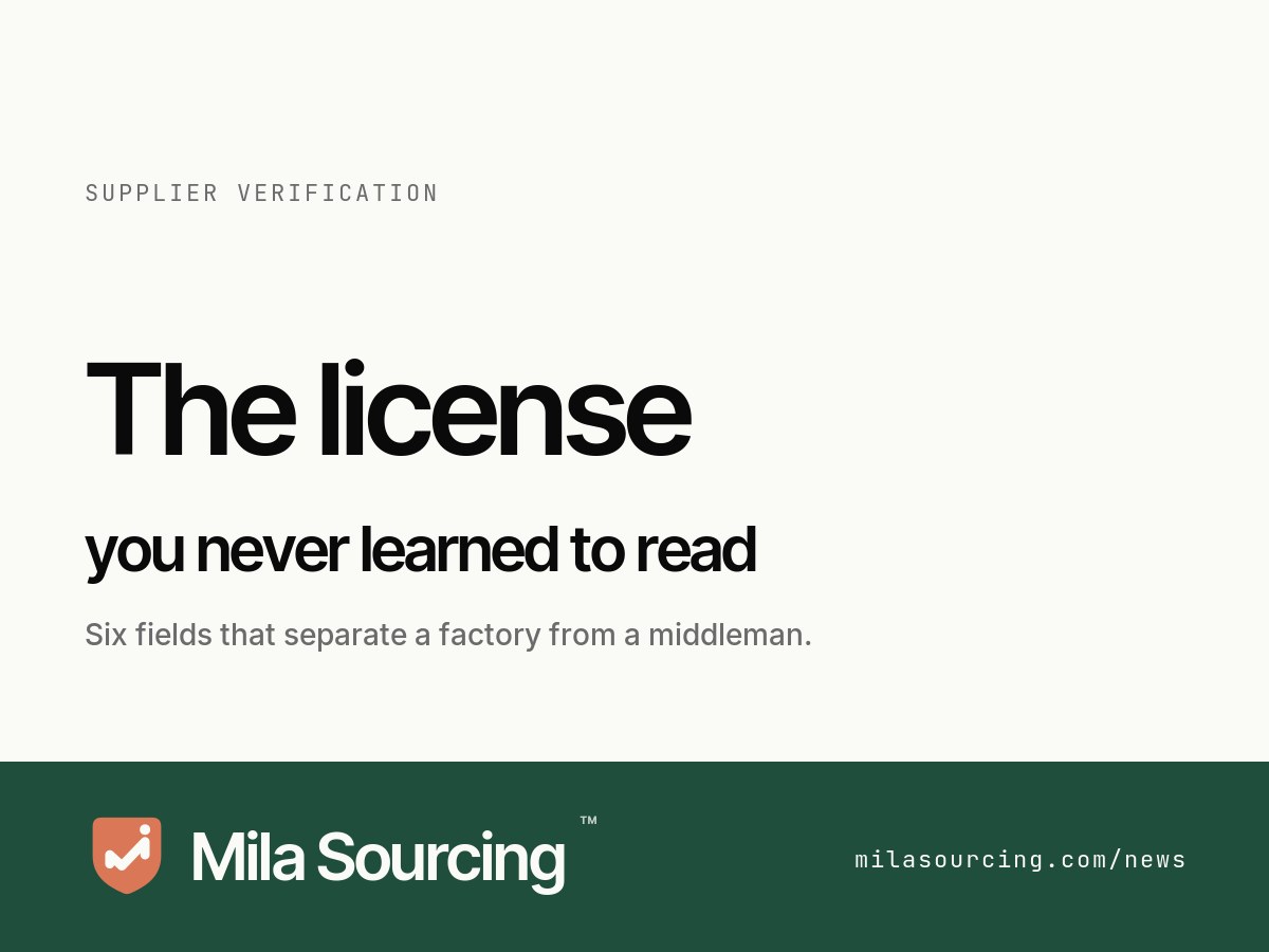 How to read a Chinese factory's business license: the 营业执照 with its 18-character Unified Social Credit Code, registered capital, business scope and legal representative, verified free on China's official GSXT registry before paying a deposit