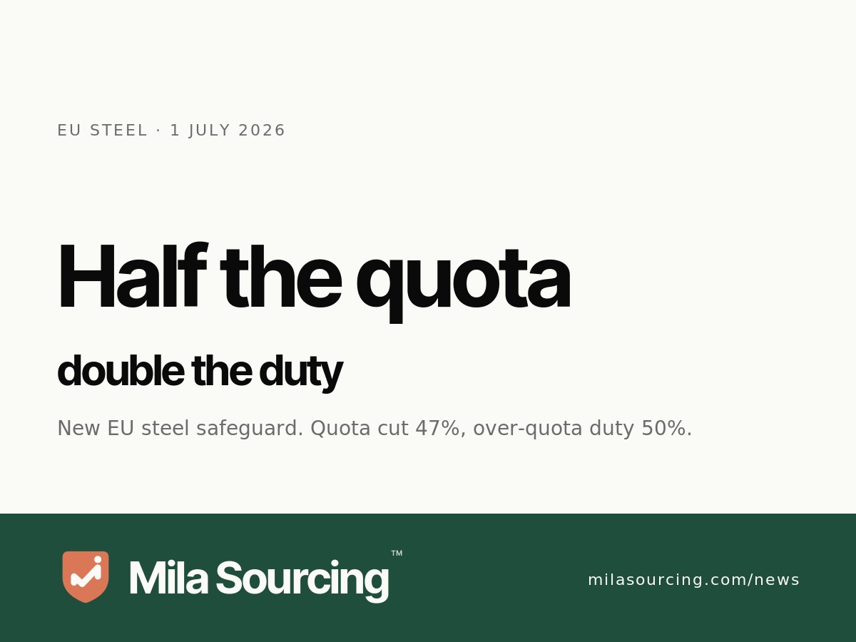 EU steel safeguard from 1 July 2026: tariff-free import quota cut 47% and the out-of-quota duty doubled to 50%, with a new melt-and-pour origin rule for importers