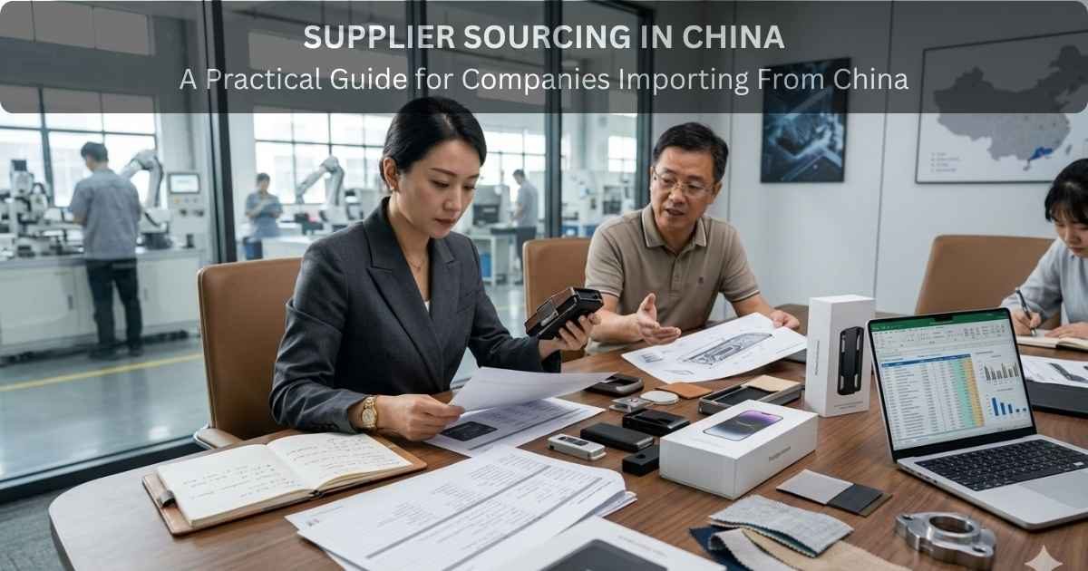 Business professionals reviewing product samples and supplier documents during supplier sourcing in China