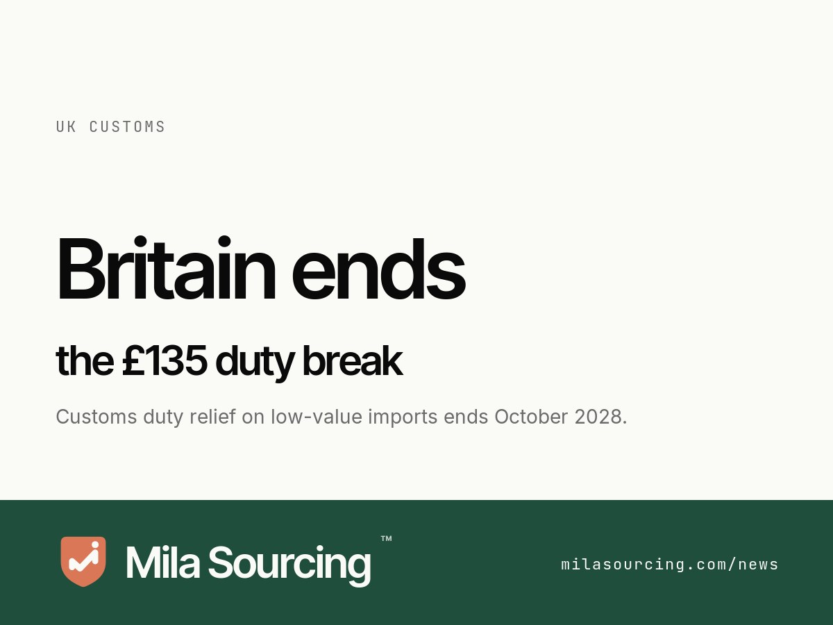 On 23 June 2026 HM Treasury and HMRC brought forward to October 2028 the removal of the United Kingdom customs duty relief on low-value imports worth £135 or less, six months earlier than the previously announced March 2029 date, ending the duty-free treatment of small parcels shipped directly from China to UK shoppers