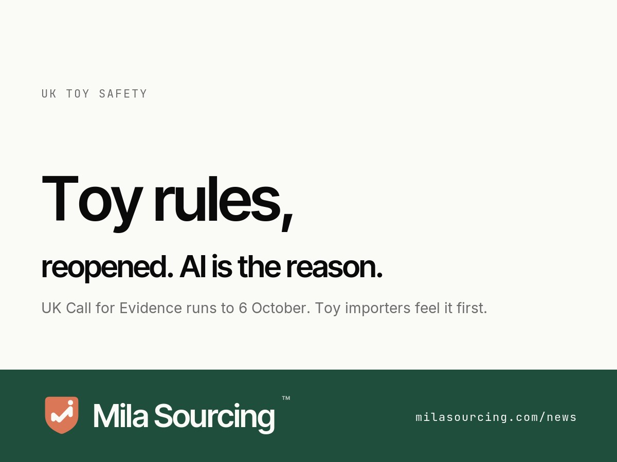 The UK Department for Business and Trade opened a Call for Evidence on toy safety on 6 July 2026 covering AI-enabled toys and chemical safety, the first review of the Toys (Safety) Regulations 2011, and what it means for businesses importing toys from China into the UK
