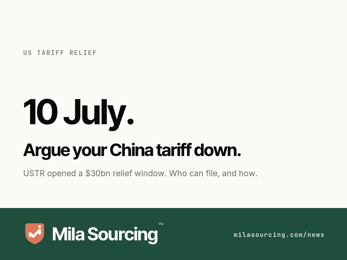 On 2 June 2026 the Office of the US Trade Representative opened public docket USTR-2026-0430, taking comments through 10 July 2026 on which Chinese-origin goods should receive Section 301 tariff relief under a new US-China Board of Trade, a roughly 30 billion dollar list matched by a Chinese-side list, with filings requiring each product's HS code and its 2022 to 2024 average annual import value